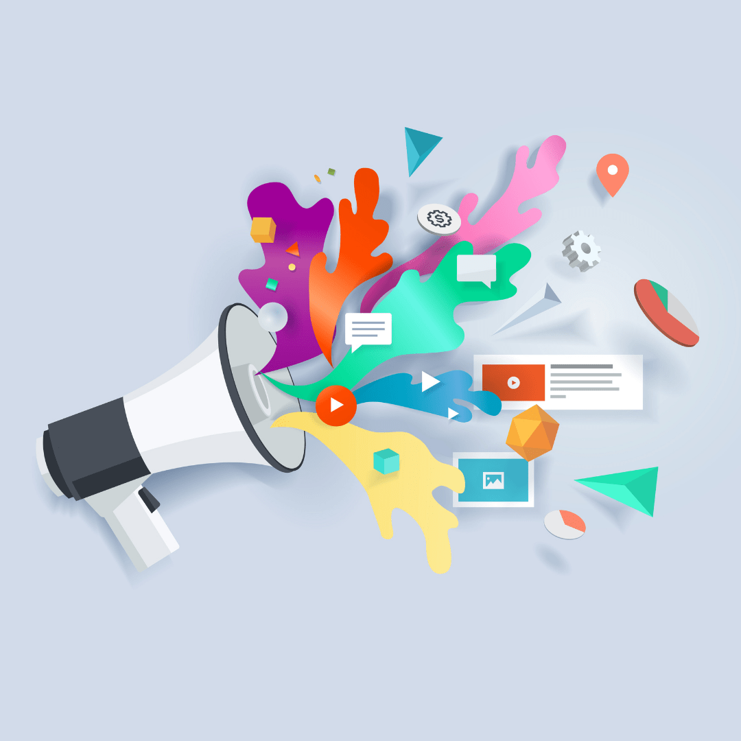 social media marketing graphic with social media logos and bright colors coming out of a mega phone