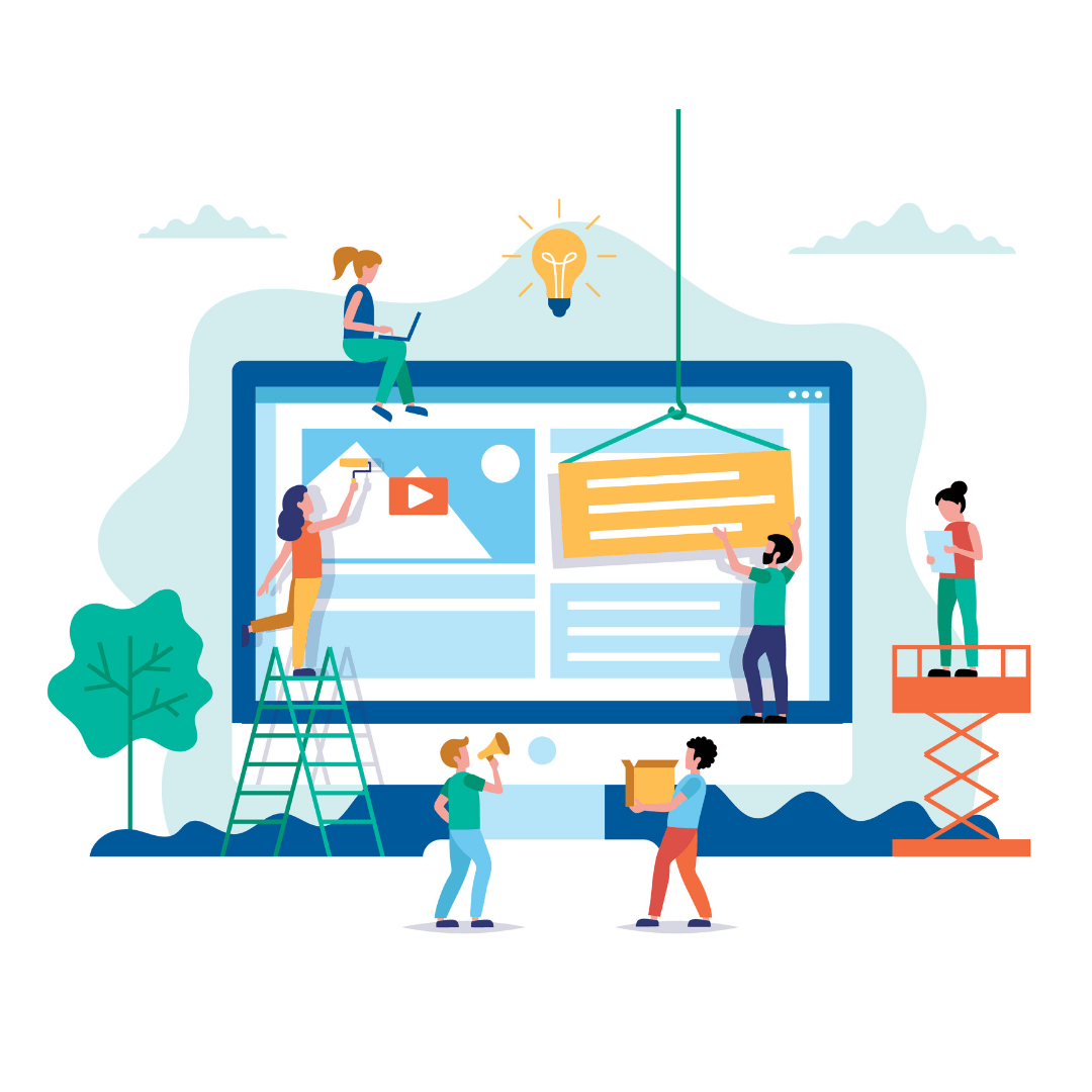 web design and development graphic showing little cartoons constructing a website like painters and construction workers