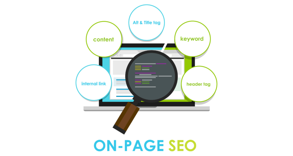 illustration of a computer screen with a magnifying glass highlighting on-page SEO ranking factors such as title tags, keywords, header tags, internal linking, content, and image alt text