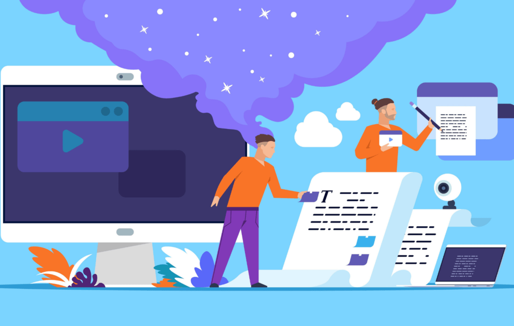 Cartoon Illustration with two male figures creating various written/textual content to be used