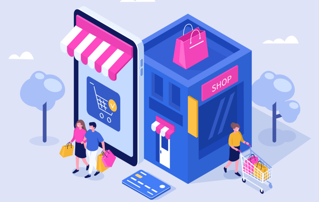 Illustration of people walking out of a store after they purchased items