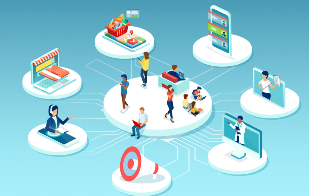 Illustration of a variety of people surrounded by retail objects such as a phone, grocery basket, and credit card