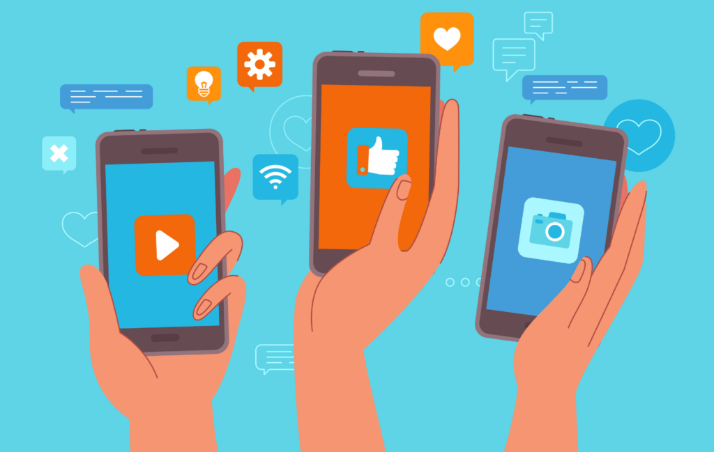 Animated hands holding phones with various "likes" , "play", and "photo" icons