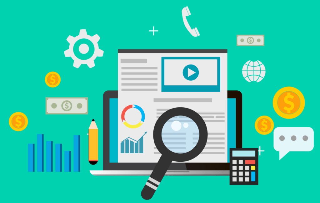 Illustration with a magnifying glass over a webpage with other icons (coins, dollars, calculator, gear icon, phone, internet, graph)