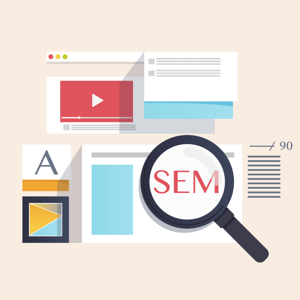 Illustration of a magnifying glass above "SEM" and other pages and webpages related to SEM