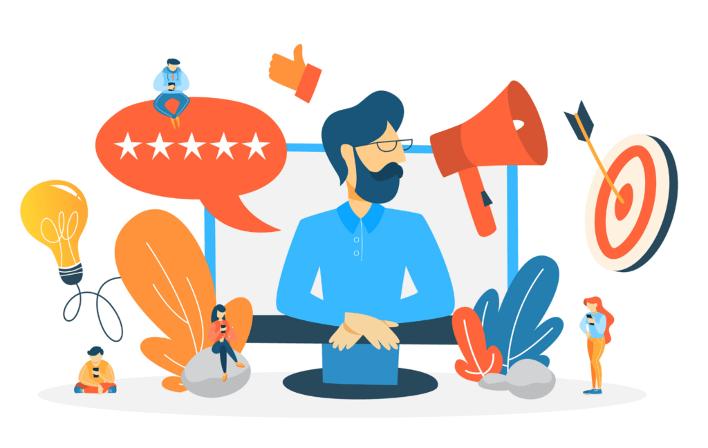 Illustration of a man with "likes" and "stars" around him