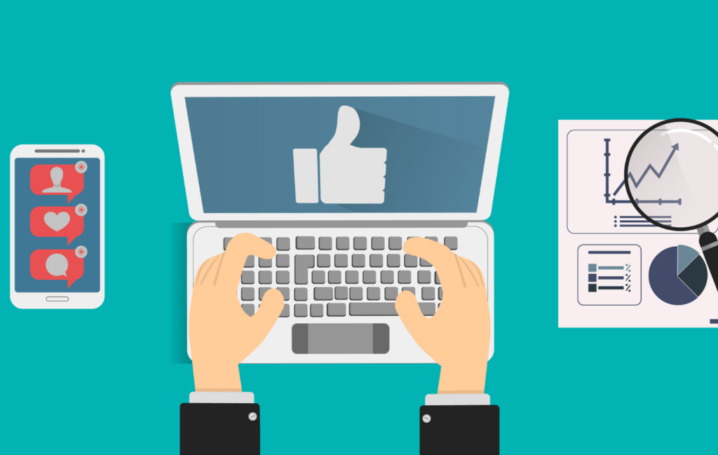 Illustration that shows a laptop, hands, a phone with "likes" and "comments" and a magnifying glass over an analytic paper