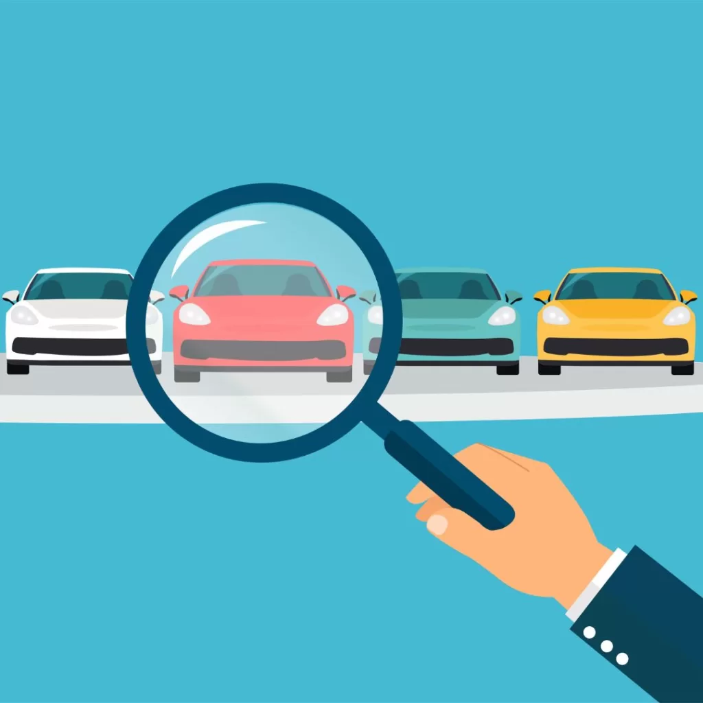 Illustration of a hand holding a magnifying glass over a car