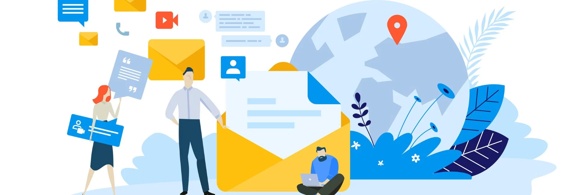 Illustrated image of three figures with email marketing icons and a globe with a destination pin on it