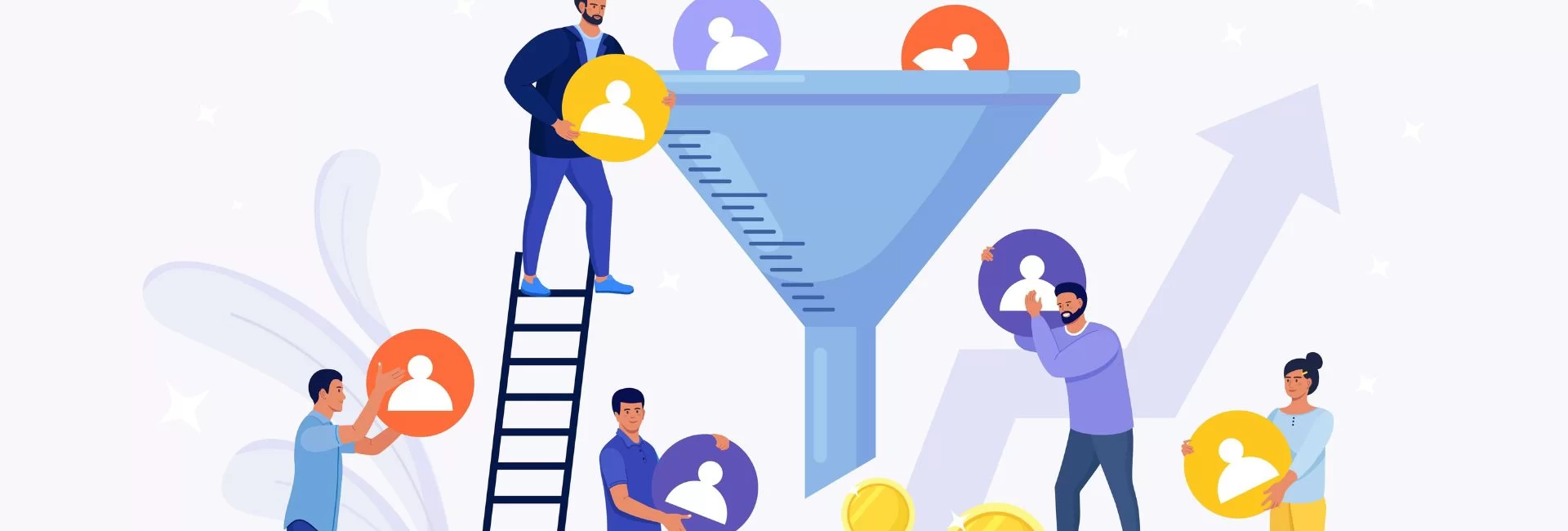 Illustrated image representing the "customer sales funnel" with various figures and icons