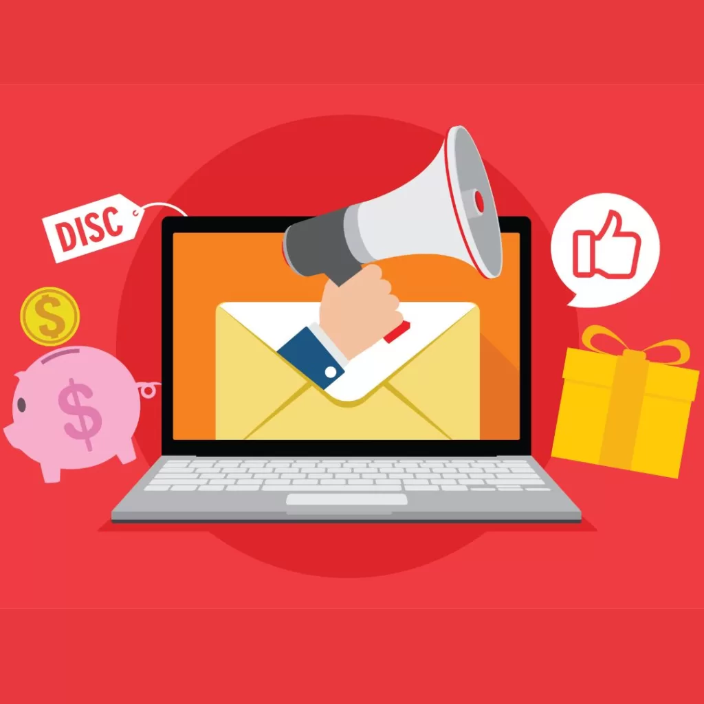 Illustration of a laptop with a hand on the screen announcing a sale and discount icons