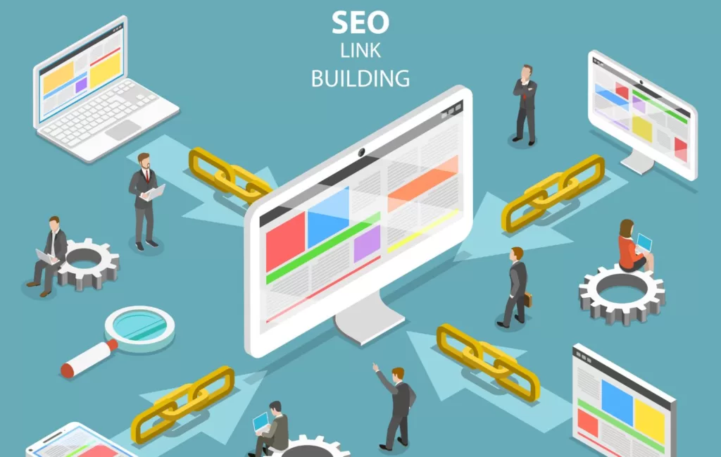 Illustration with various technology webpages with business figures and "links" around them