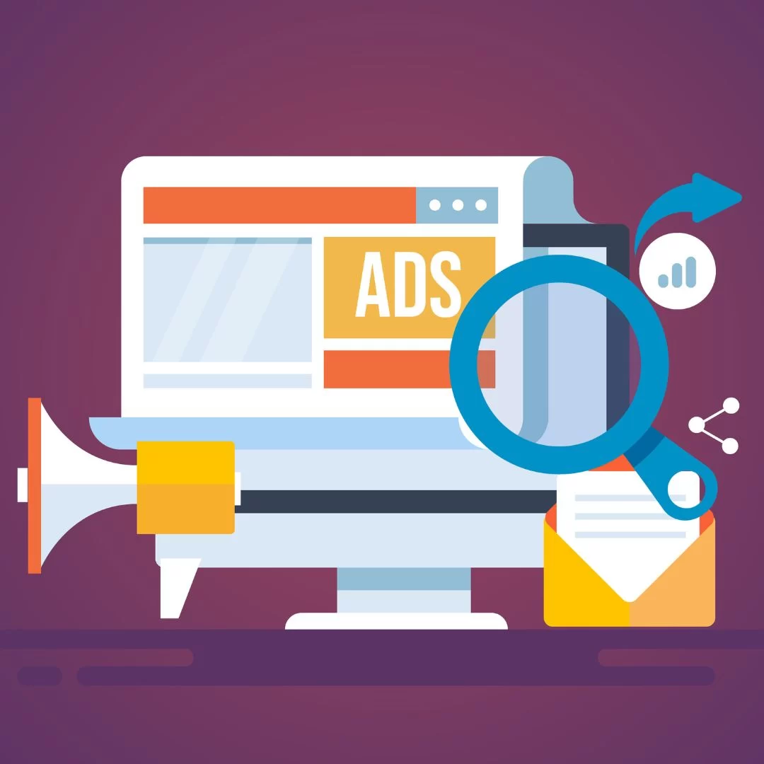Illustrated image with a megaphone, magnifying glass, and a computer screen displaying "Ads" text