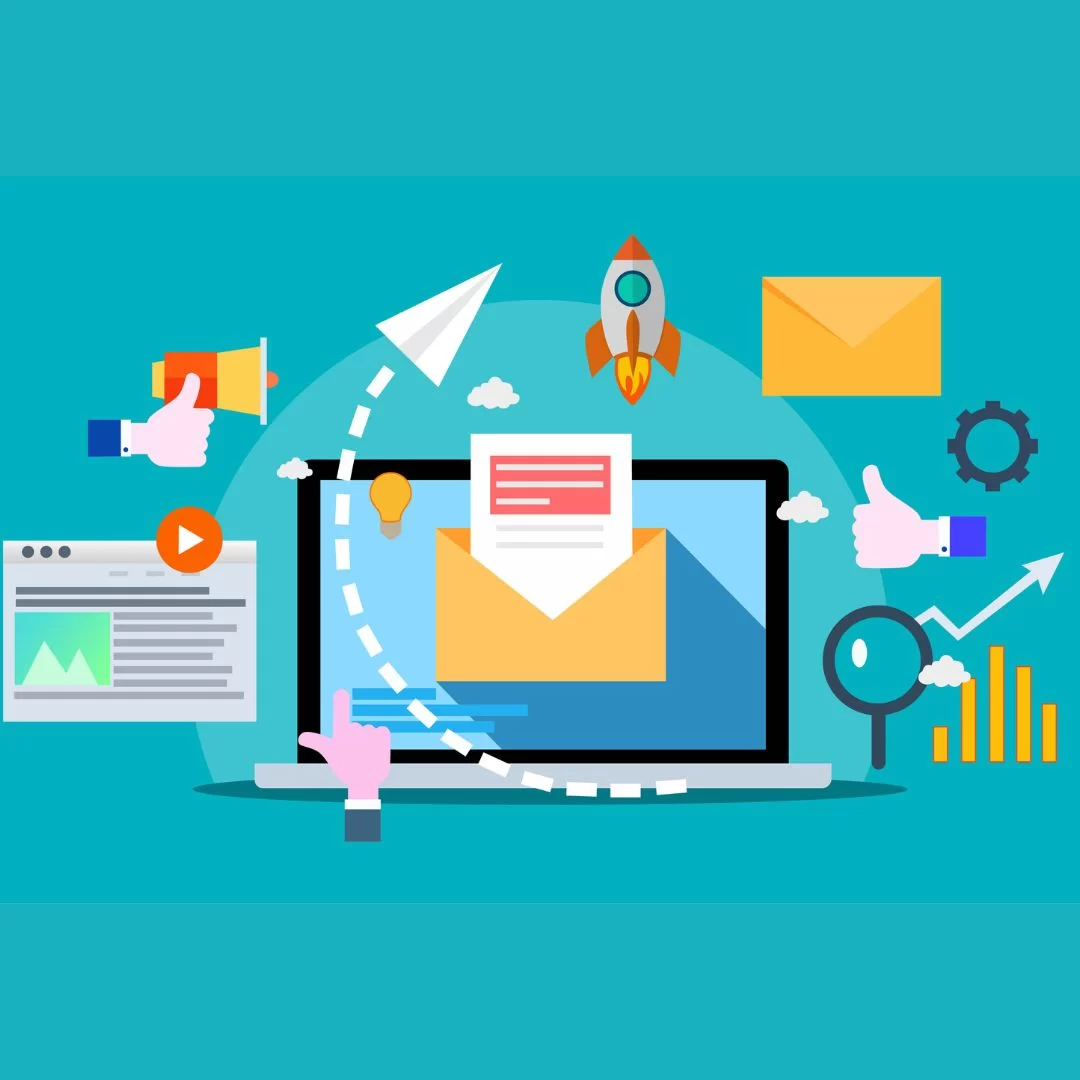 Illustration of a laptop with various email marketing icons around it