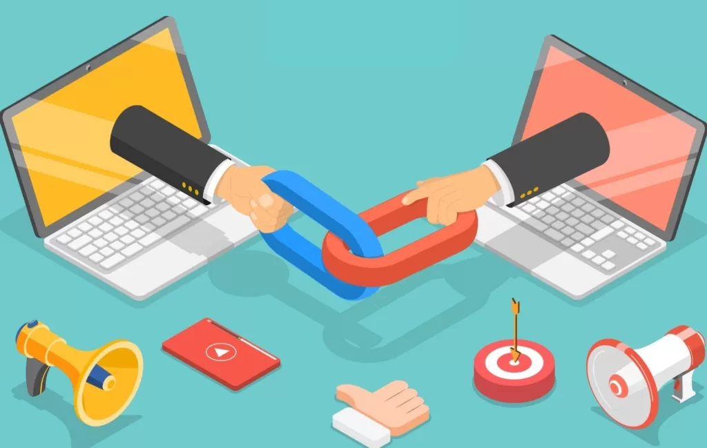Illustration of two laptops with a hand coming out of each screen, connecting to each other via "chains" representing link builing