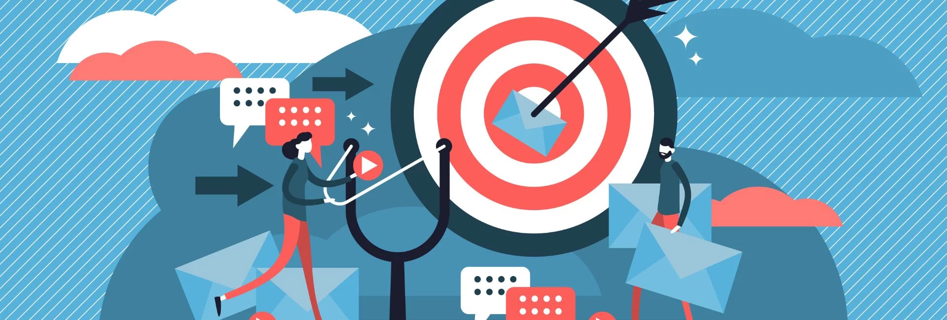 Illustration of a large circular target, a man holding pieces of mail