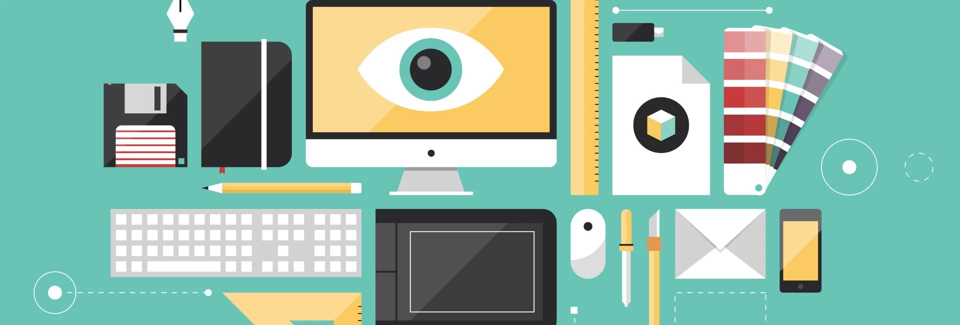 Illustration of different tools for graphic design (laptop, color wheels, discs, keyboards, phone, program, mouse, etc).