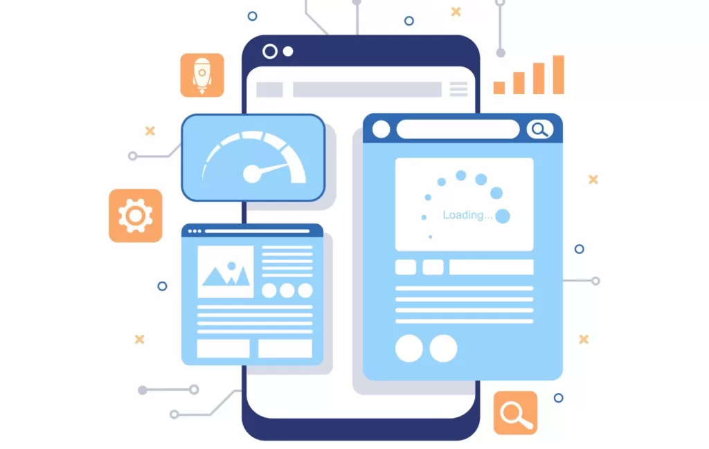 Illustration of a tablet, with different search related images over it