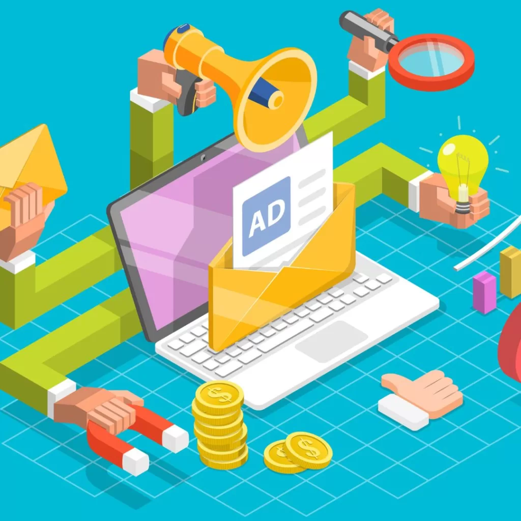 Illustration of a laptop, with a printed mail ad, and announcement images