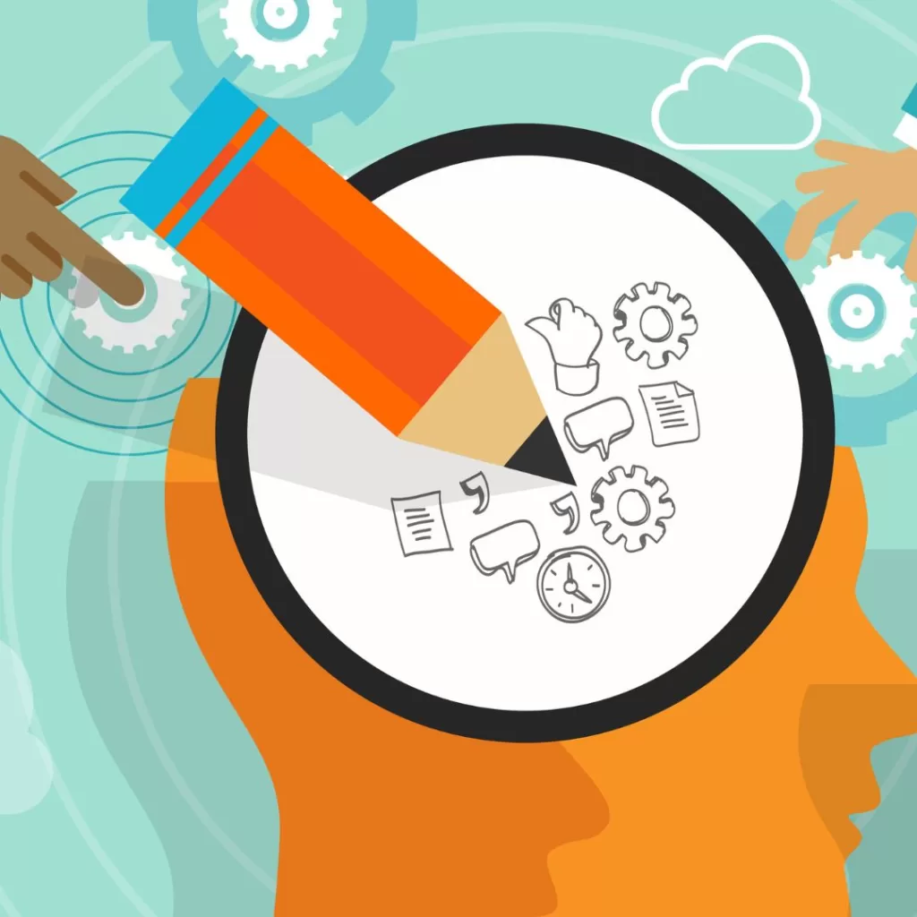 Illustration of a person's side-profile with gears and images inside the head representing creativity