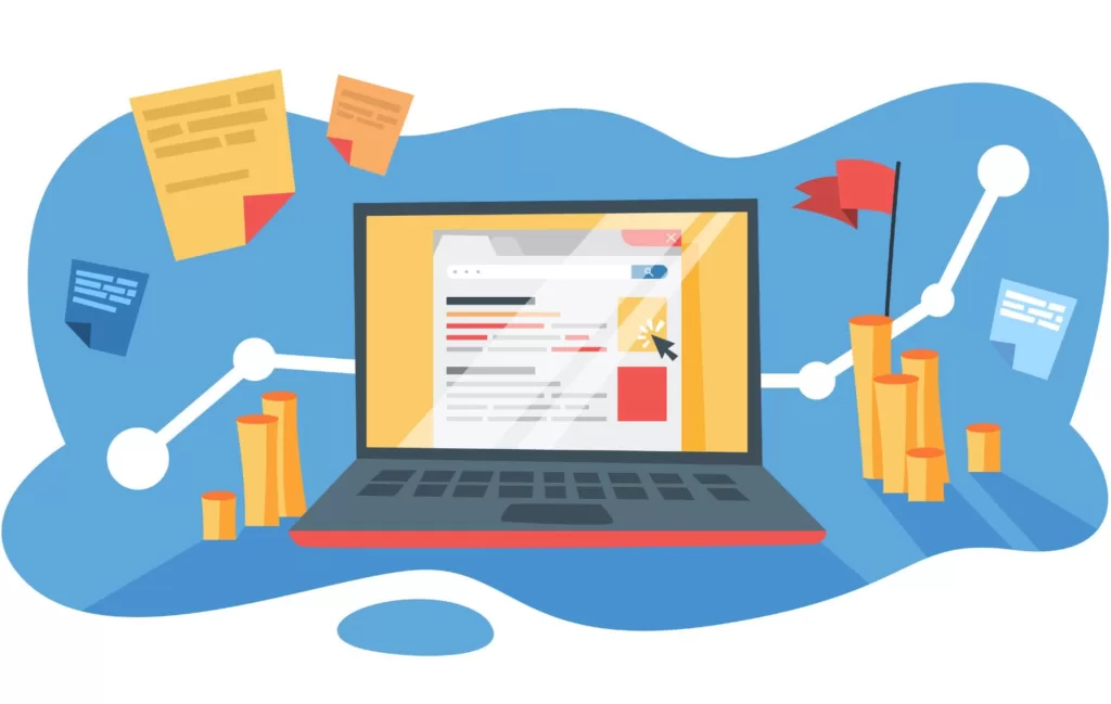 Illustration with a laptop that has different search results on it