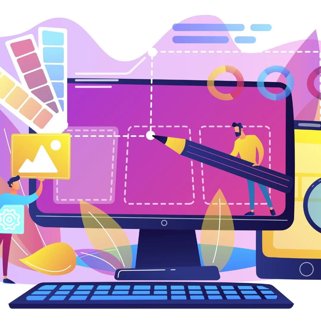 Colorful illustration with two men working together on a computer to create a design