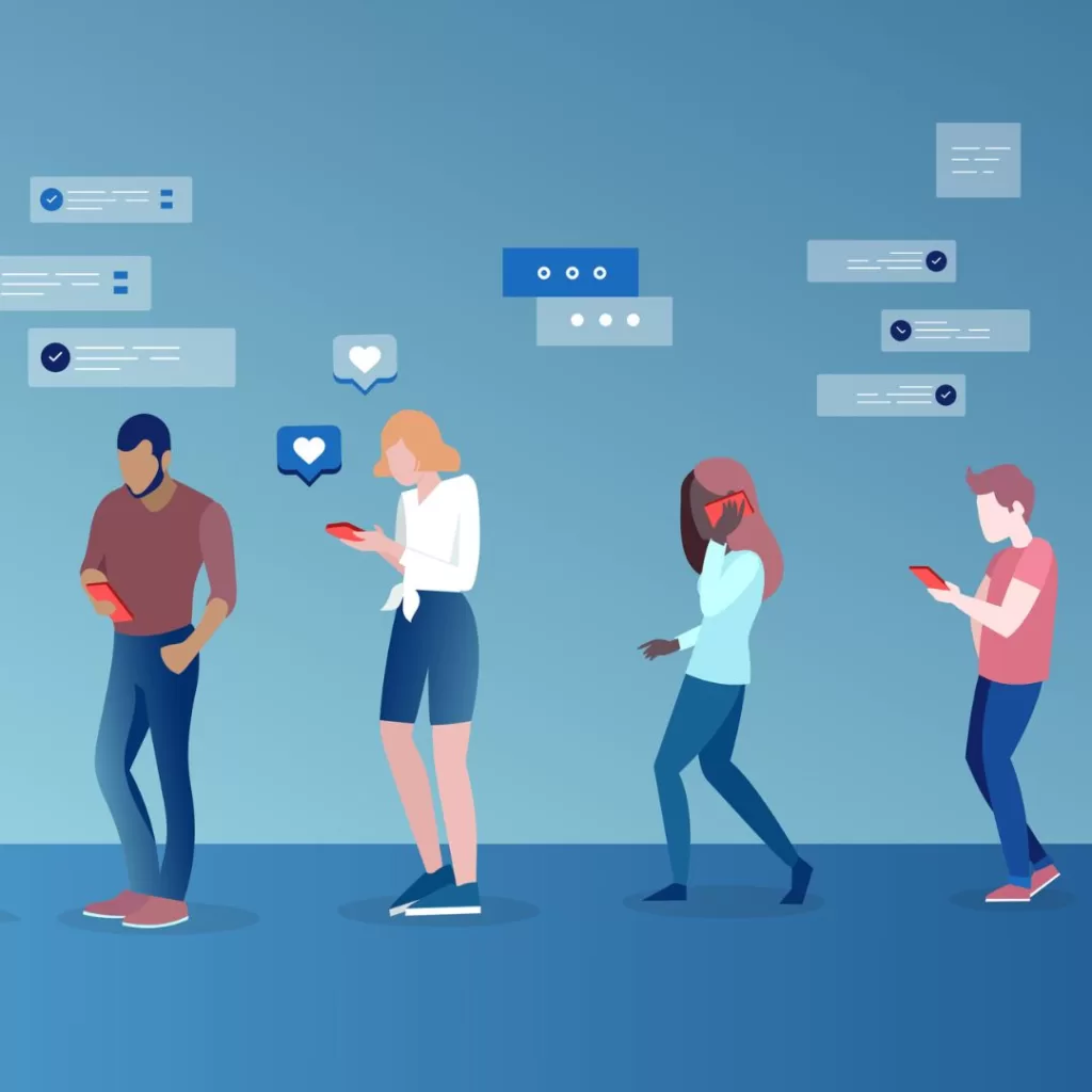 Illustration with people occupied on their phones (sending messages, talking, and "liking" posts on social media)