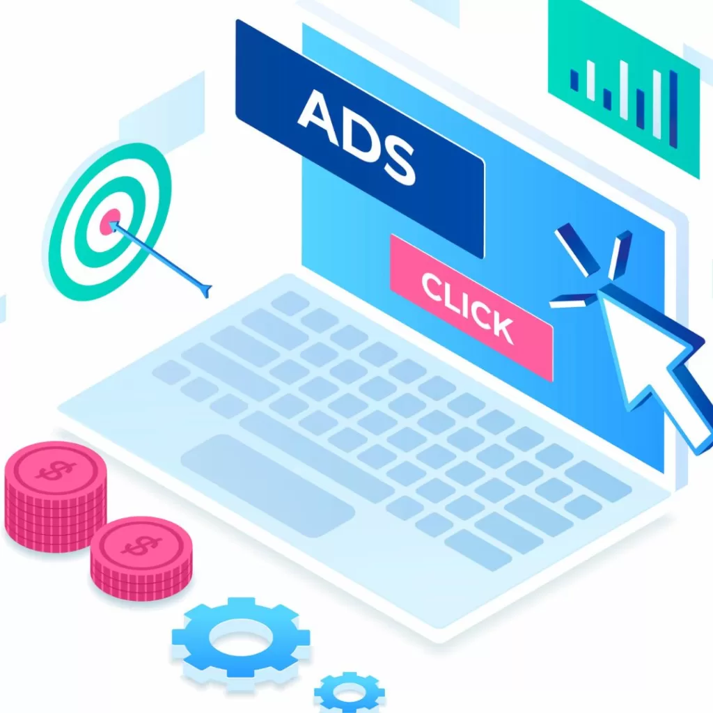 Illustration of a laptop with "ads" and "click" text on the screen with a cursor