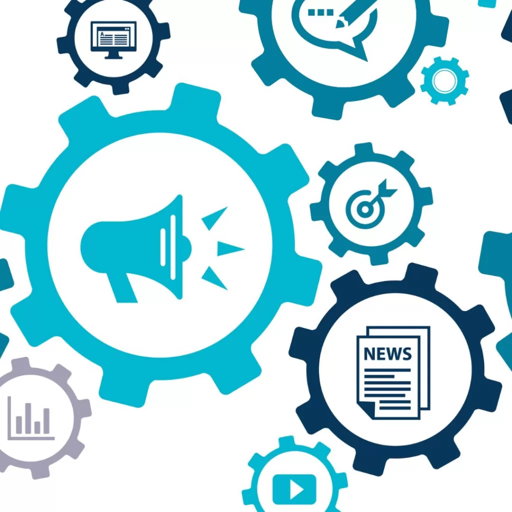 Illustration of mechanical gears with different icons in the middle