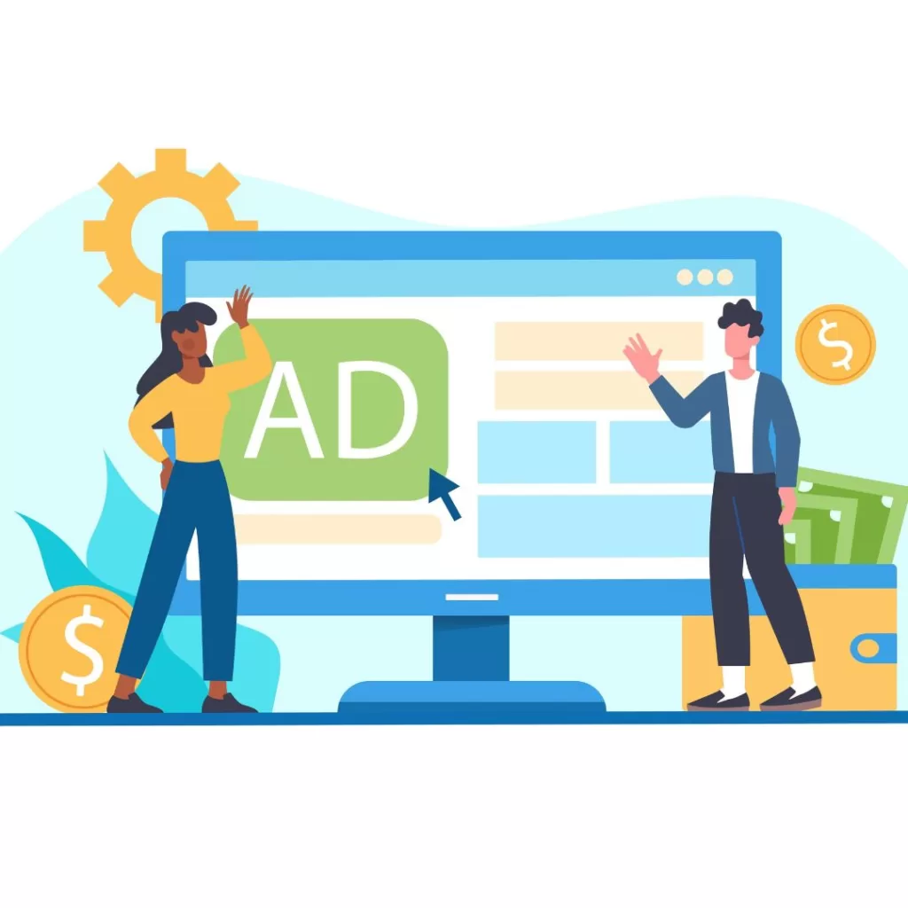 Illustration with a man and a women waving in front of a desktop screen that has "ad" on it