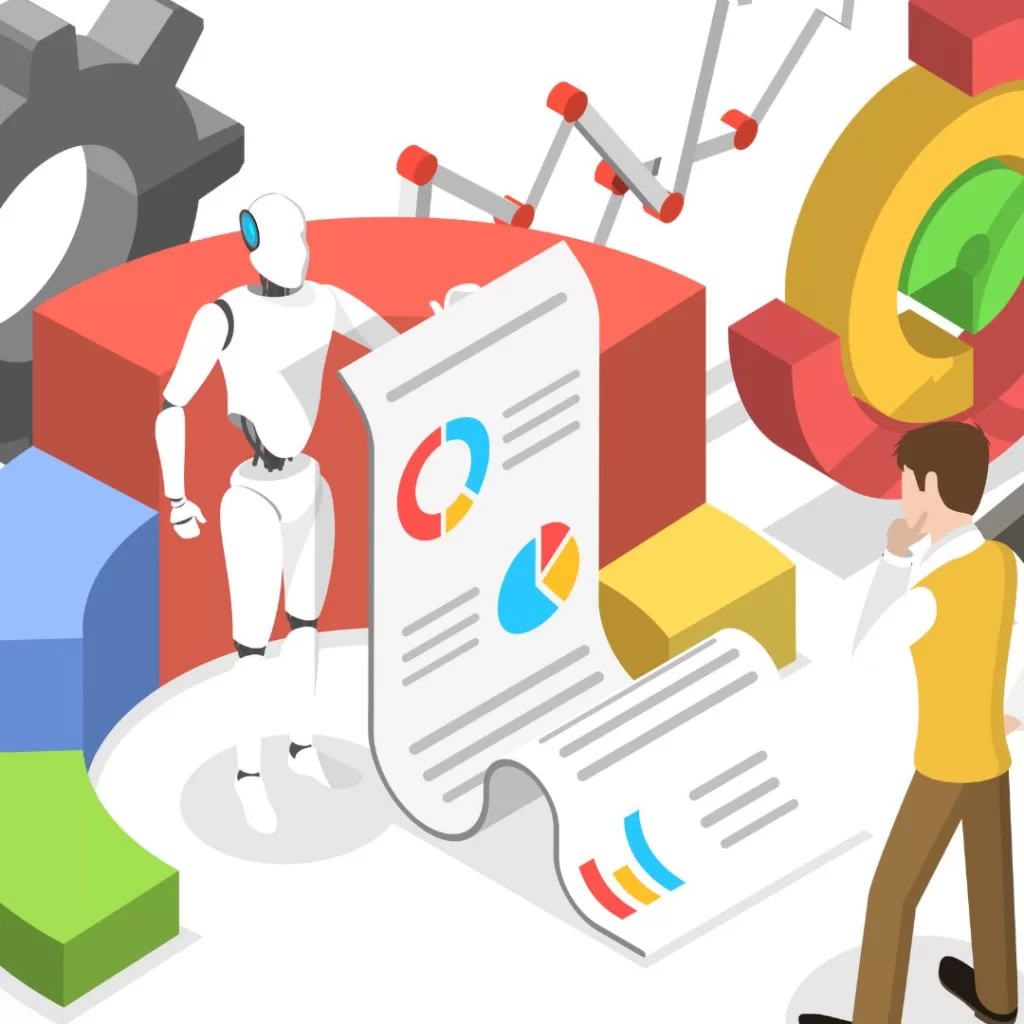 Illustration of a man and a robot looking at analytics