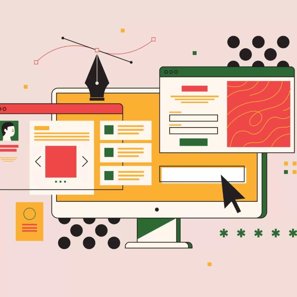 Illustration of a large desktop screen and different features on the website