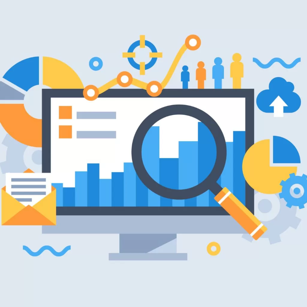 Illustration of a computer with analytics on the screen and a magnifying glass over it