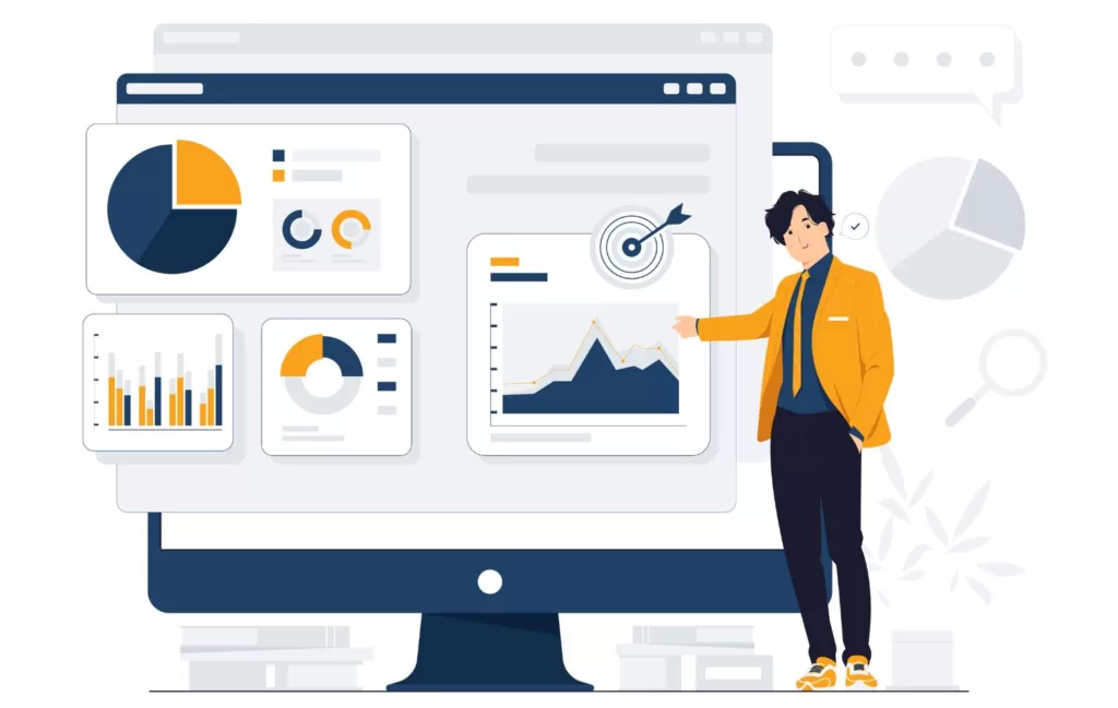 Blue and yellow illustration of a man standing next to a computer with an analysis on it