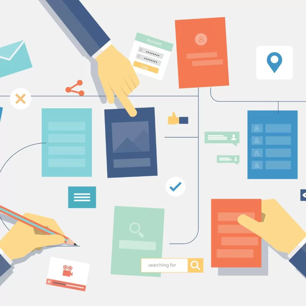 Illustration of three hands evaluating information and content