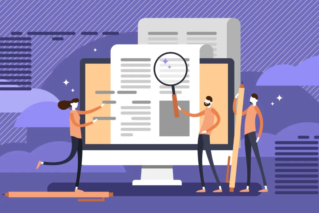 Illustration of a purple background with people around a screen initiating a press release