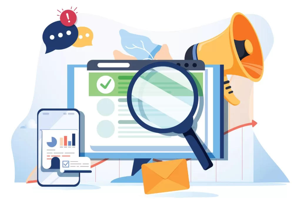 Illustration of a computer screen, with a magnifying glass, phone analytics, announcement icon