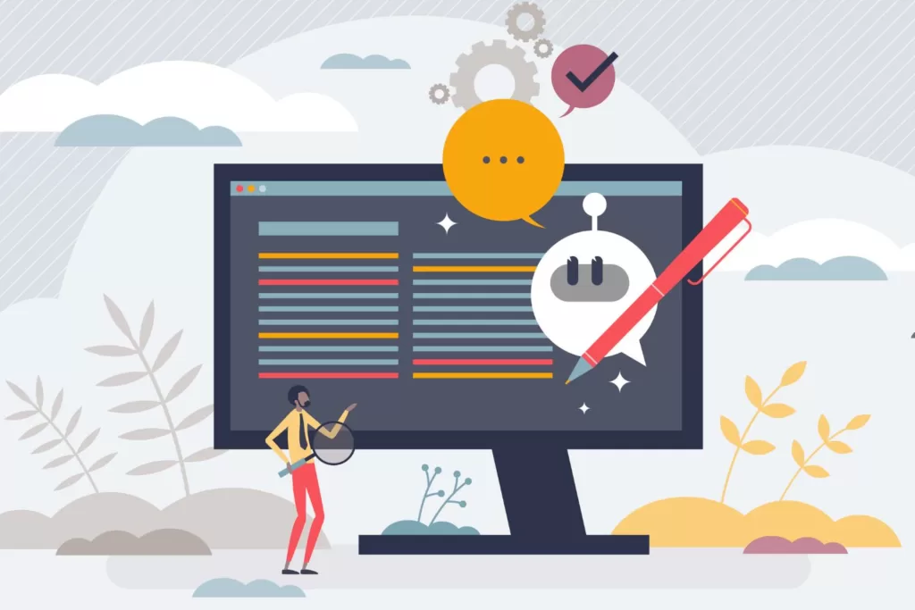 Illustration of a man standing in front of a desktop with a content-writing assistant