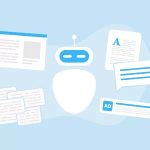 Illustration of a robot with different content-related images around it