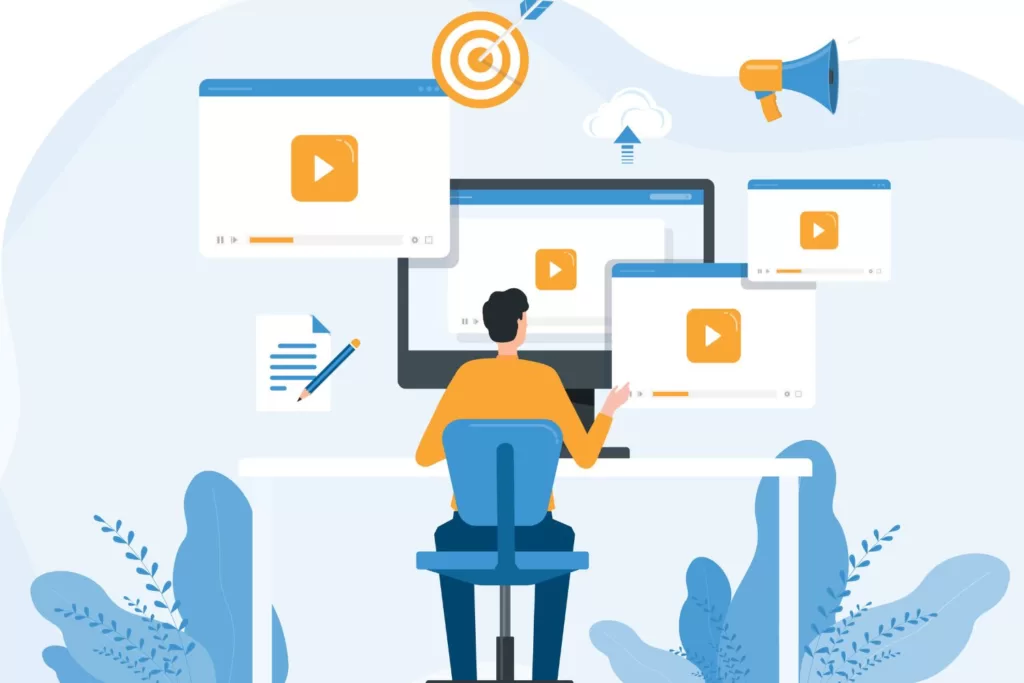 Illustration of a man sitting at a desk creating a website