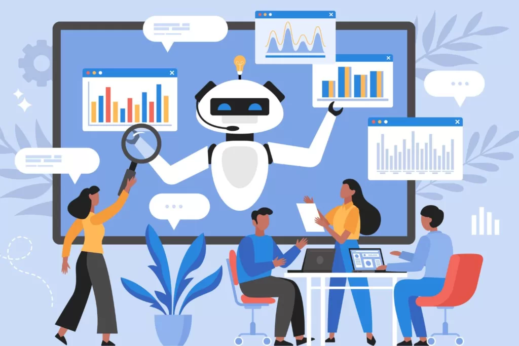 Image of a group of people working and using AI for business results/analysis