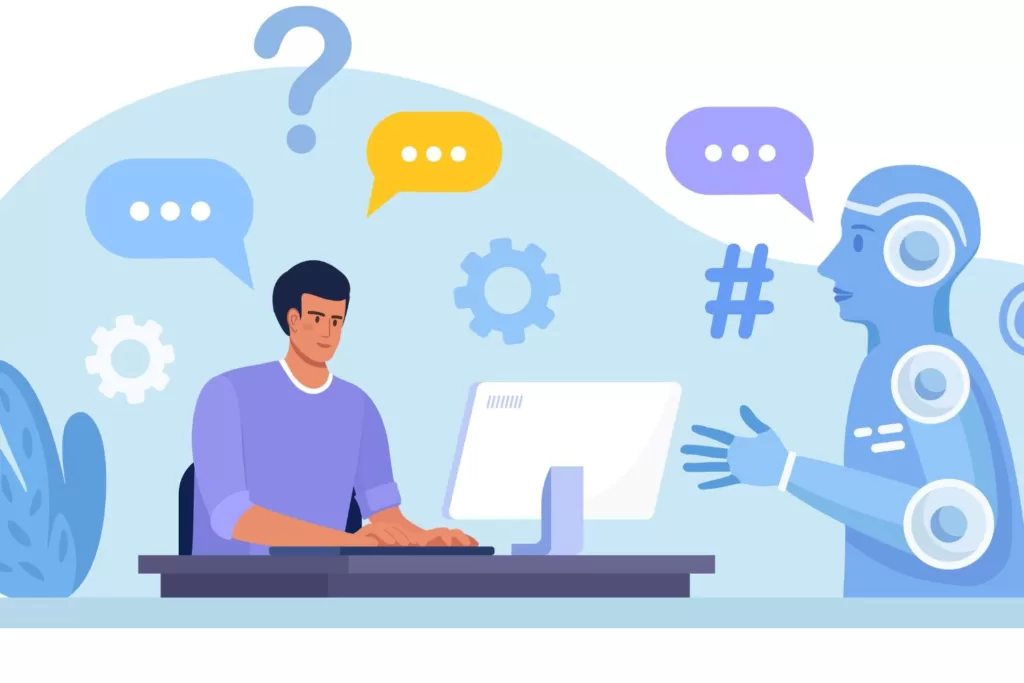 Illustration of a man working on his computer getting the help of AI