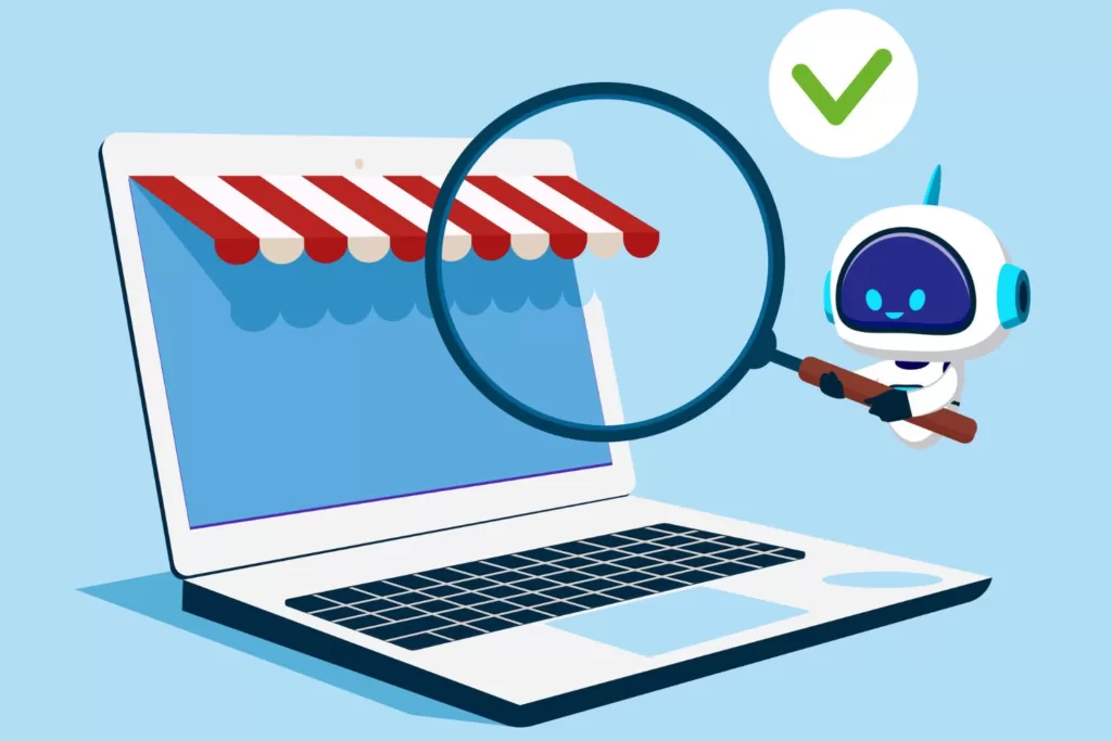 Illustration of a robot holding a magnifying glass over a business laptop