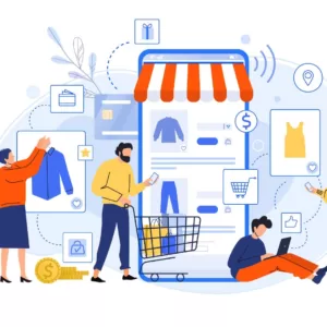 Illustration of several characters shopping online for various items