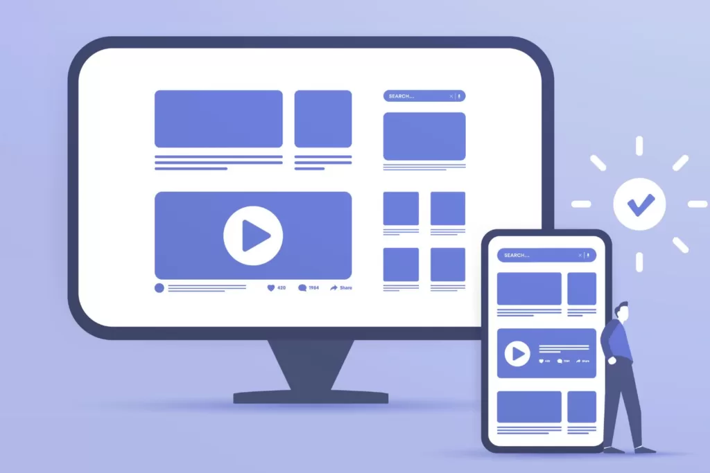 Illustration of a phone and computer screen with different screens on it. Showing UX for different devices.