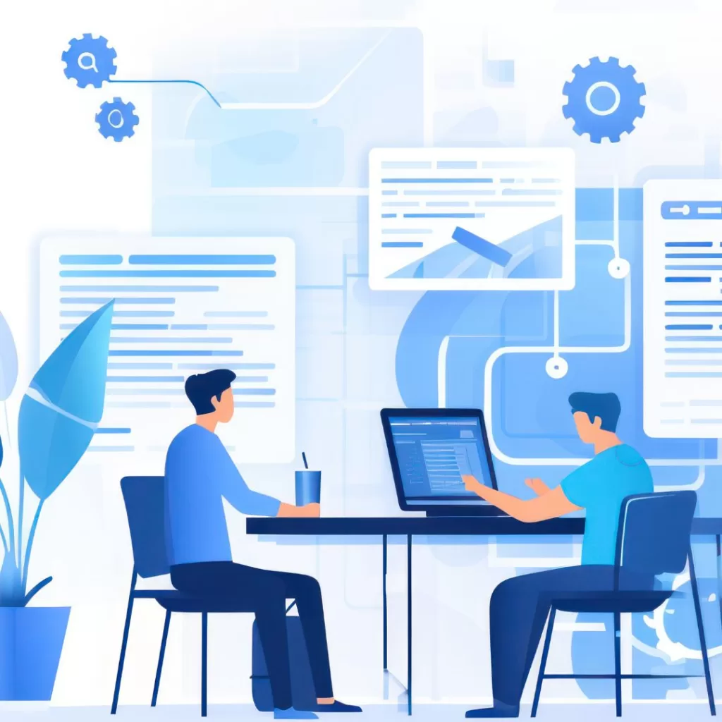 Illustration of people sitting at a desk developing a website design plan