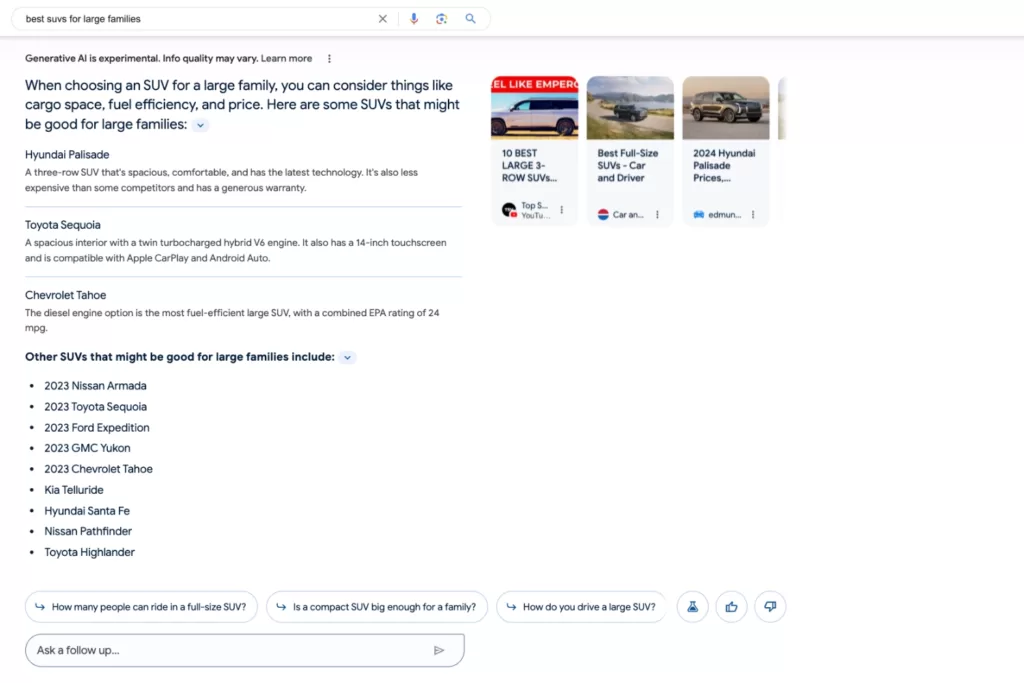 Example image of a product search with SGE results