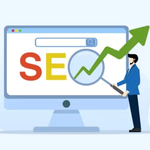 Illustration of a man standing next to a desktop screen that says SEO