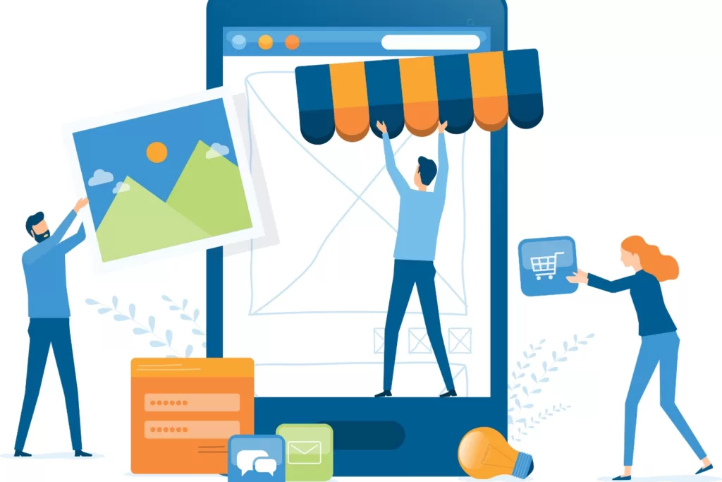 A graphic of three people designing an e-commerce website together