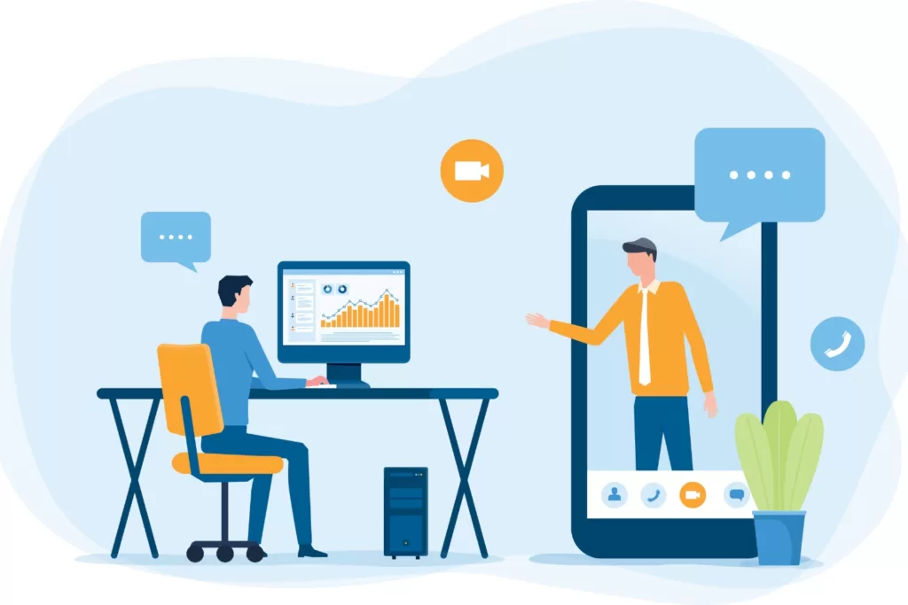 A graphic of two people reviewing website analytics on desktop and mobile